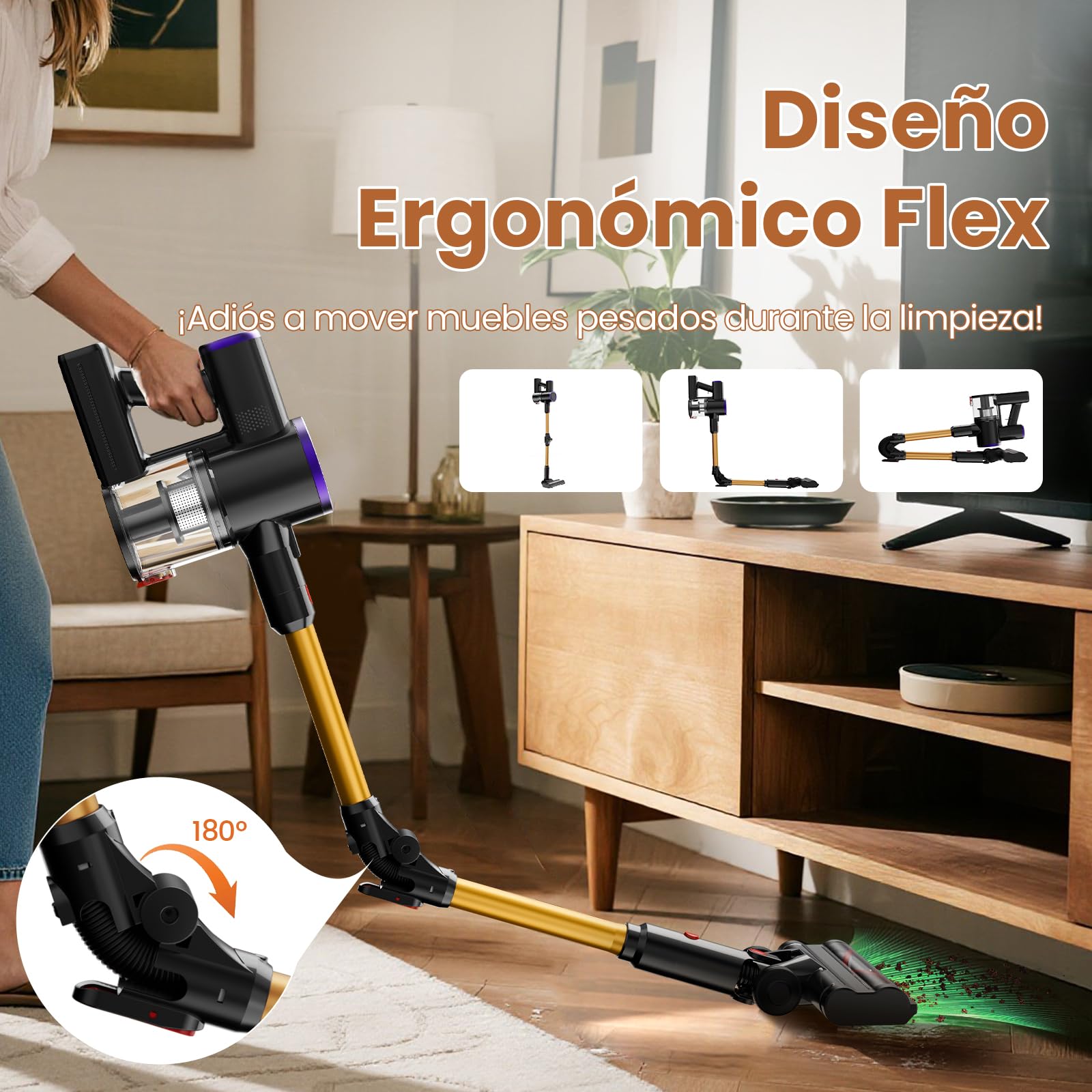 Aspiradora sin Cable Escoba S9,45KPA/550W Aspiradora Inalámbrica con Tubo Plegable y Base de Carga Mural,Luz Verde,Motor Sin Escobillas,hasta 45 Min,para Pelo de Mascotas,Suelos y Alfombras