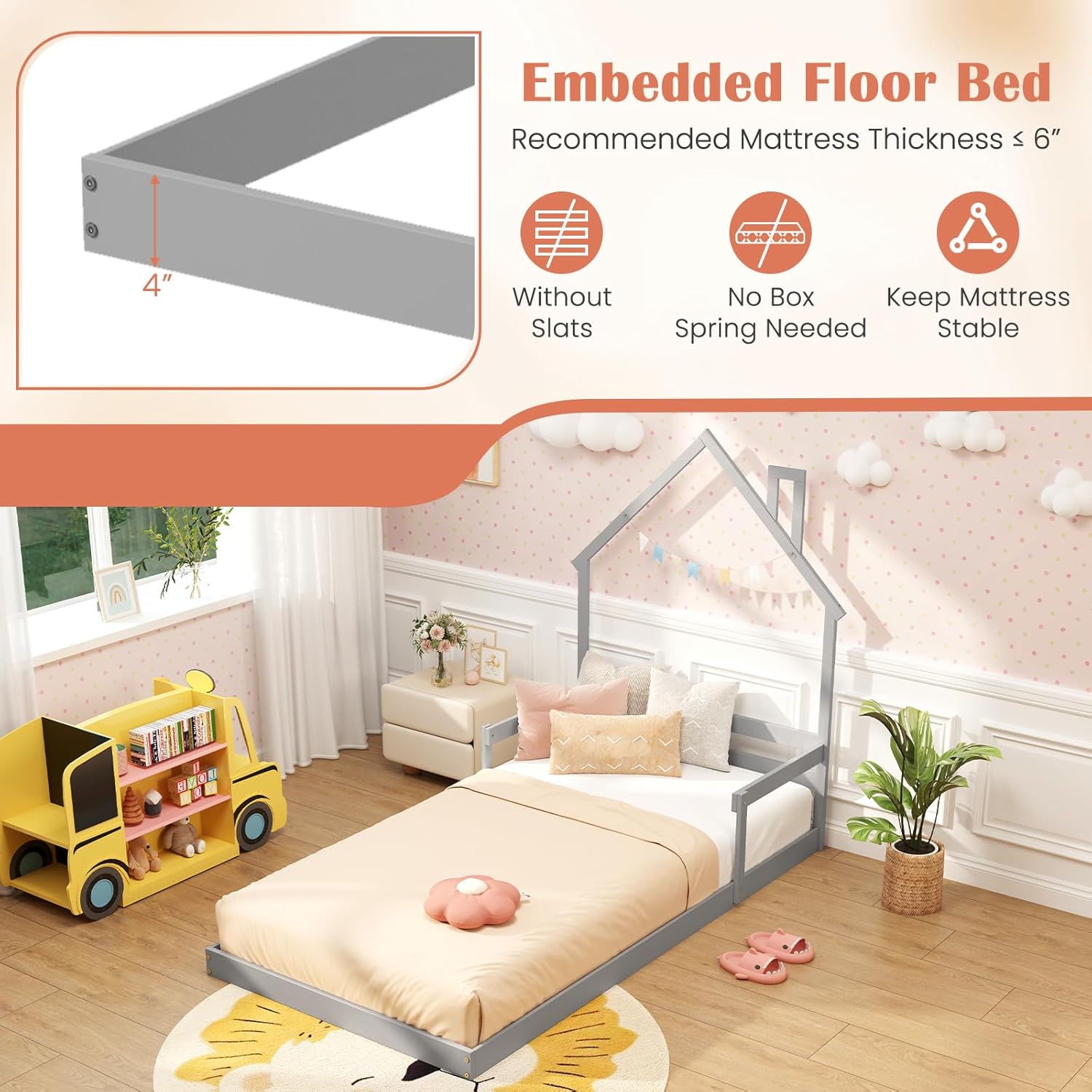 Giantex Twin Floor Bed for Kids, Wood Montessori Bed with Chimney Headboard, Without Slats, House Floor Beds Frame for Boys, Girls, Grey