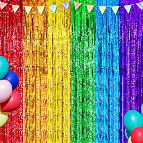 2 Pack 3.2ft x 9.8ft Rainbow Metallic Foil Fringe Curtain, Tinsel Streamers Photo Props Backdrop for Pride Month, LGBTQ Pride Party Favors, Birthday, Wedding, Bridal Shower Decorations
