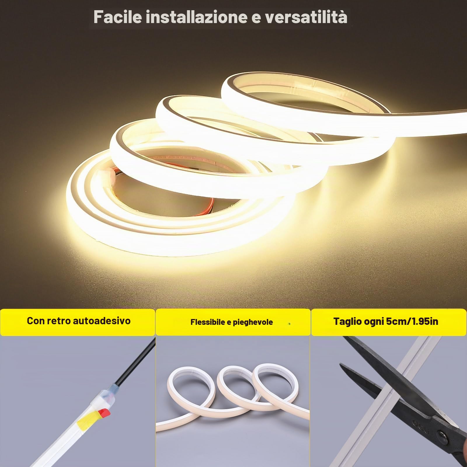 TOPAI Striscia LED 24V COB 5M Bianco Naturale 4000K Impermeabile IP67 | Diffuso Neon Strip LED Alta Luminosità 11W/M CRI>90, Autoadesiva Tagliabile uso Interno ed Esterno