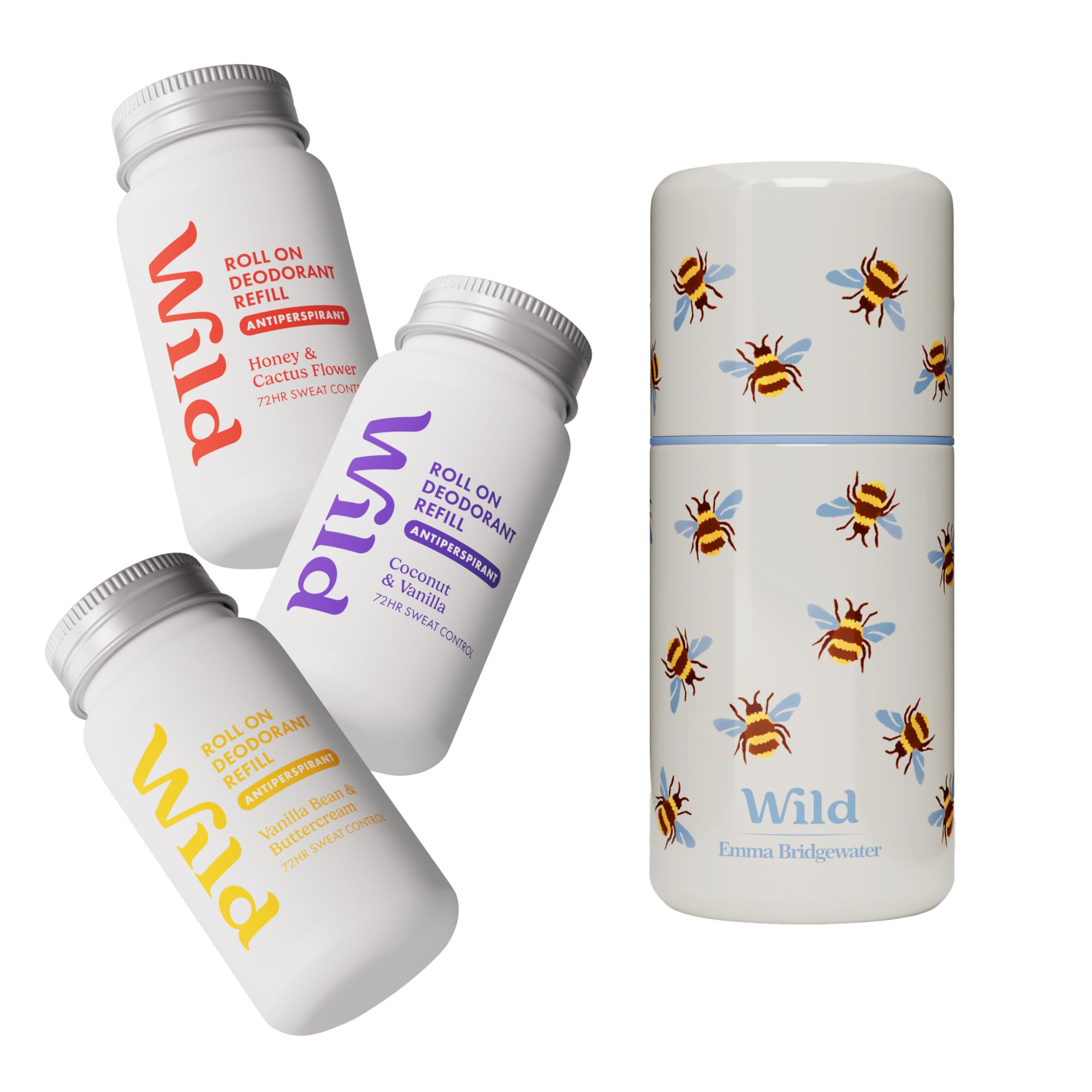 Wild Kit de Déodorant Anti-Transpirant Roll-On Rechargeable avec Protection 72 heures - Étui imprimé abeilles avec Recharges Honey & Cactus Flower, Coconut & Vanilla, Vanilla Bean & Buttercream