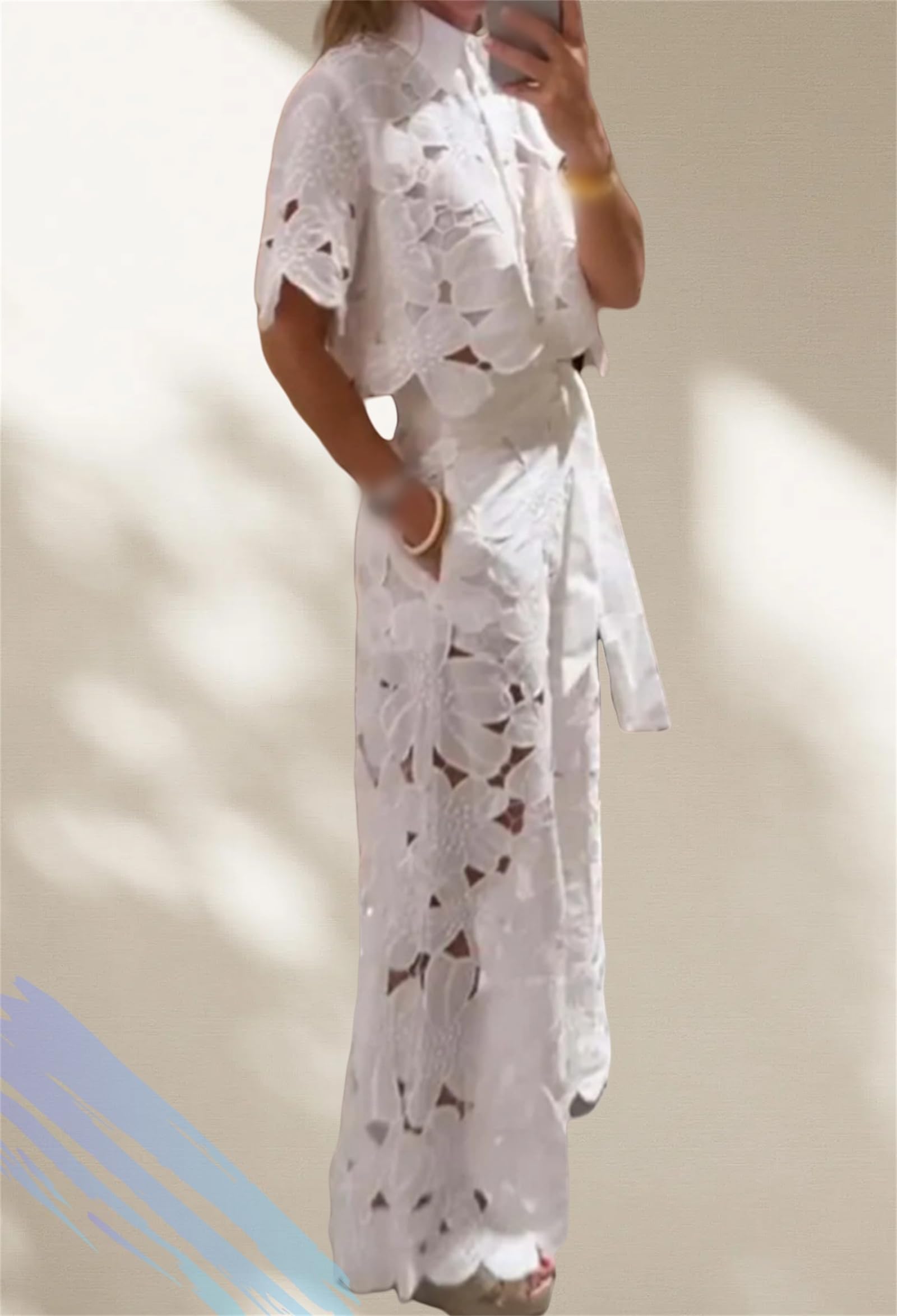 Camicetta Floreale in Pizzo con Bottoni Sexy da Donna Top 2 Pezzi Set Tuta Pantaloni a Gamba Larga Elastico in vita Pantaloni a Gamba Larga Set Corrispondente