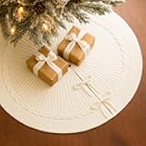 24 Inch White Knitted Small Christmas Tree Skirt, Chunky Cable Knit with Braided Border, Perfect for Xmas Holiday Decorations