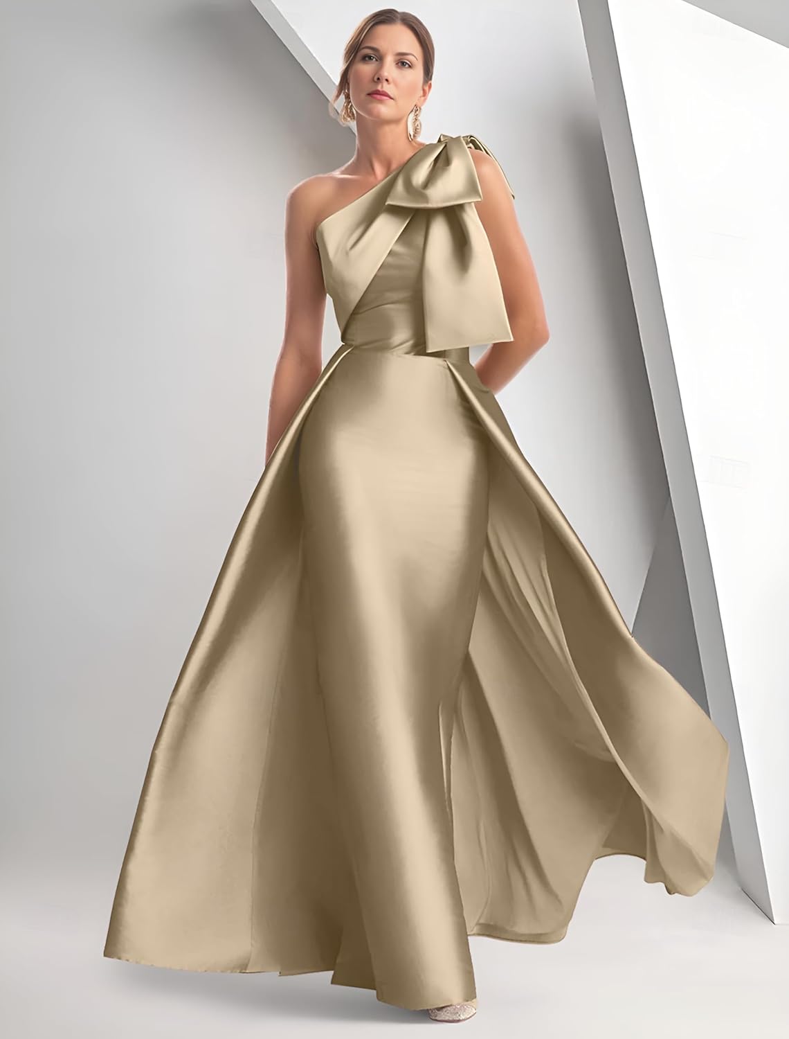 One Shoulder Mother of The Bride Dresses for Wedding Long Satin Evening Prom Dress with Bow BY-CY0081 - Image 4