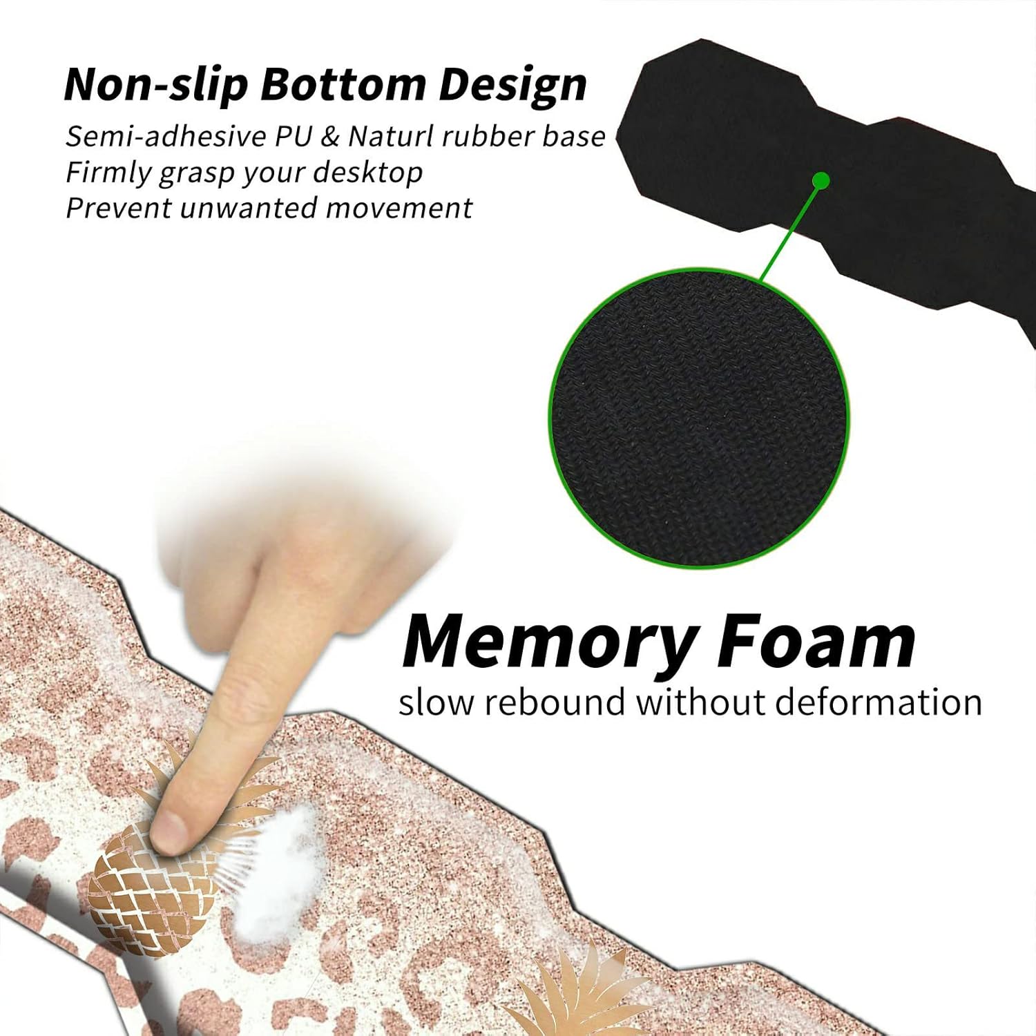 Keyboard Mouse Pad Set,Large Mouse Pad + Keyboard Wrist Rest + Mouse Wrist Rest + Coaster,4Pcs(31.5×11.8 in) XL Desk Mat，Ergonomic Memory Foam,Easy Typing Pain Relief,Rose Gold Marble Pineapple