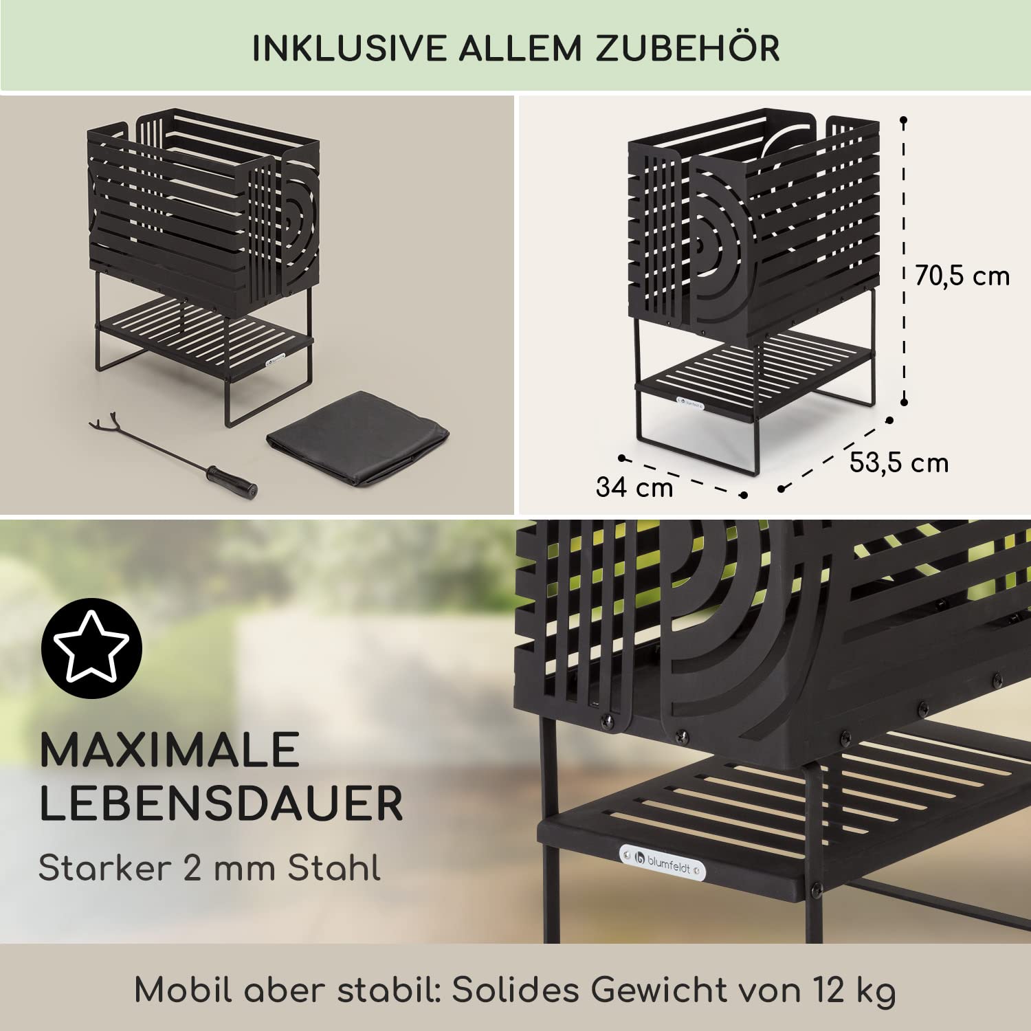 Blumfeldt Feuerschale, Outdoor Stahl-Feuerkorb Groß für den Garten, Balkon & Camping, Tragbare Feuerschale 54 cm, Robuste Feuerschalen mit Standfuß, Wetterfeste Rechteckige Feuerstelle