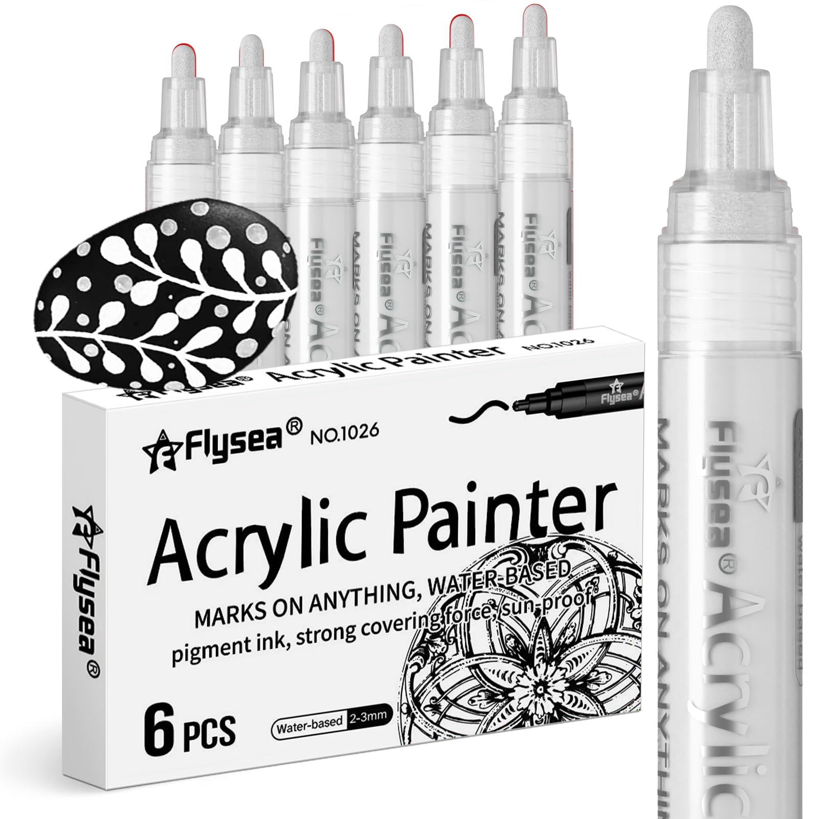 Alitastro Acrylic Paint Pens Waterproof Markers 6 Permanent Marker Pens Acrylic Pens for Rock Painting Glass Stone Ceramic Metal Fabric Pebble Painting pens Craft Supplies (White, Medium Tip)