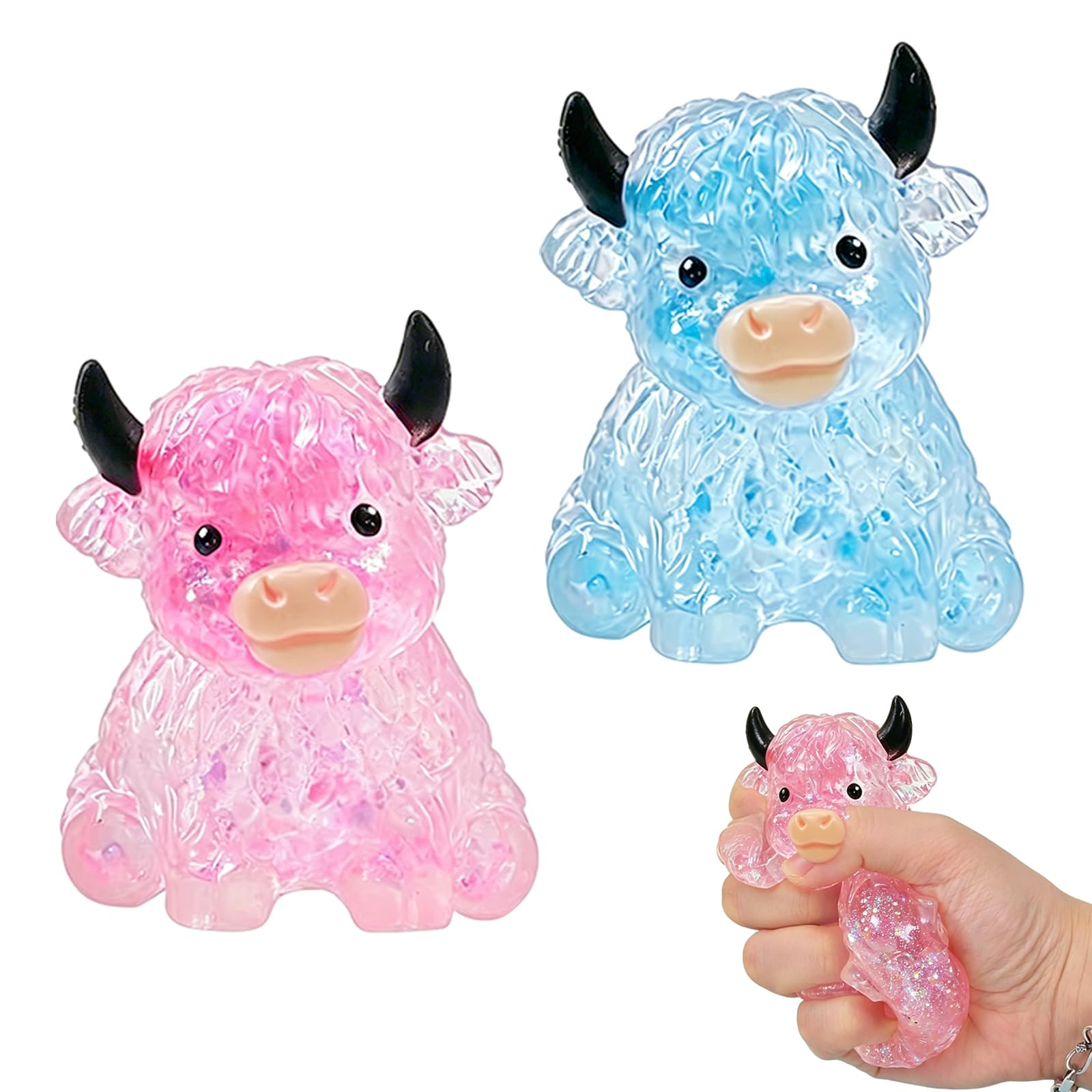 2 PCS Highland Cow Squishy, Glitter Fidgets Squishy Highland Cows Gifts