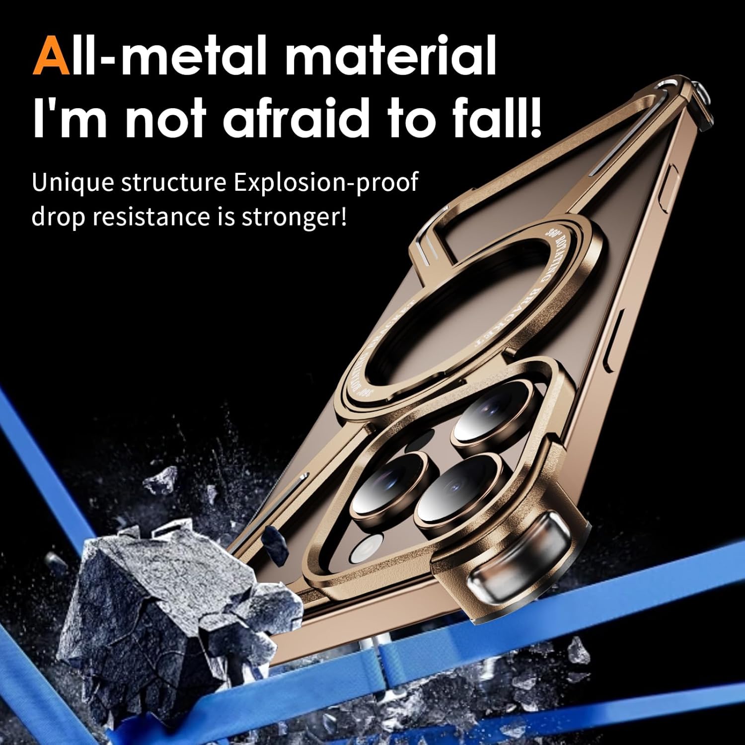 Skeleton Case for iPhone 16 Pro, Titanium Military-Grade Drop Protection with Magnetic 360° Ring Stand Case Compatible with MagSafe, Shockproof Bumper Cover for iPhone 16 Pro, Gold TJ