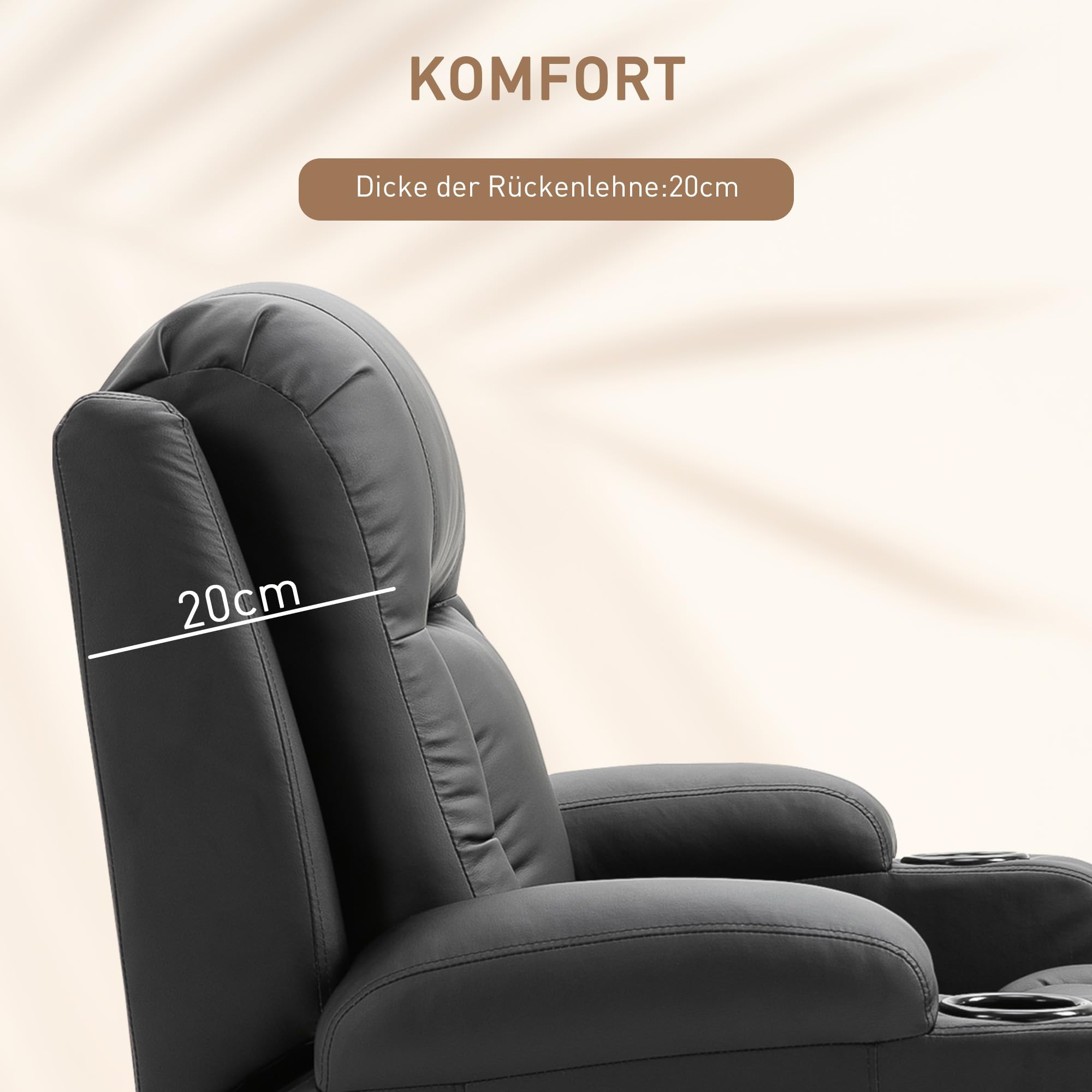 HOMCOM Relaxsessel verstellbar Massagesessel mit Liegefunktion, Heizung, Drehbar Fernsehsessel mit Wippfunktion, Becherhalter, Seitentasche, Timer, Kunstleder für Wohnzimmer Schwarz