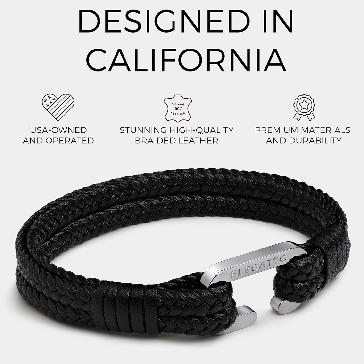 Elegatto Meraki Premium Double Braided Leather Bracelet for Men | Full-Grain Leather with Silver Polished Stainless Steel C-Clasp | Men’s Designer Bracelets