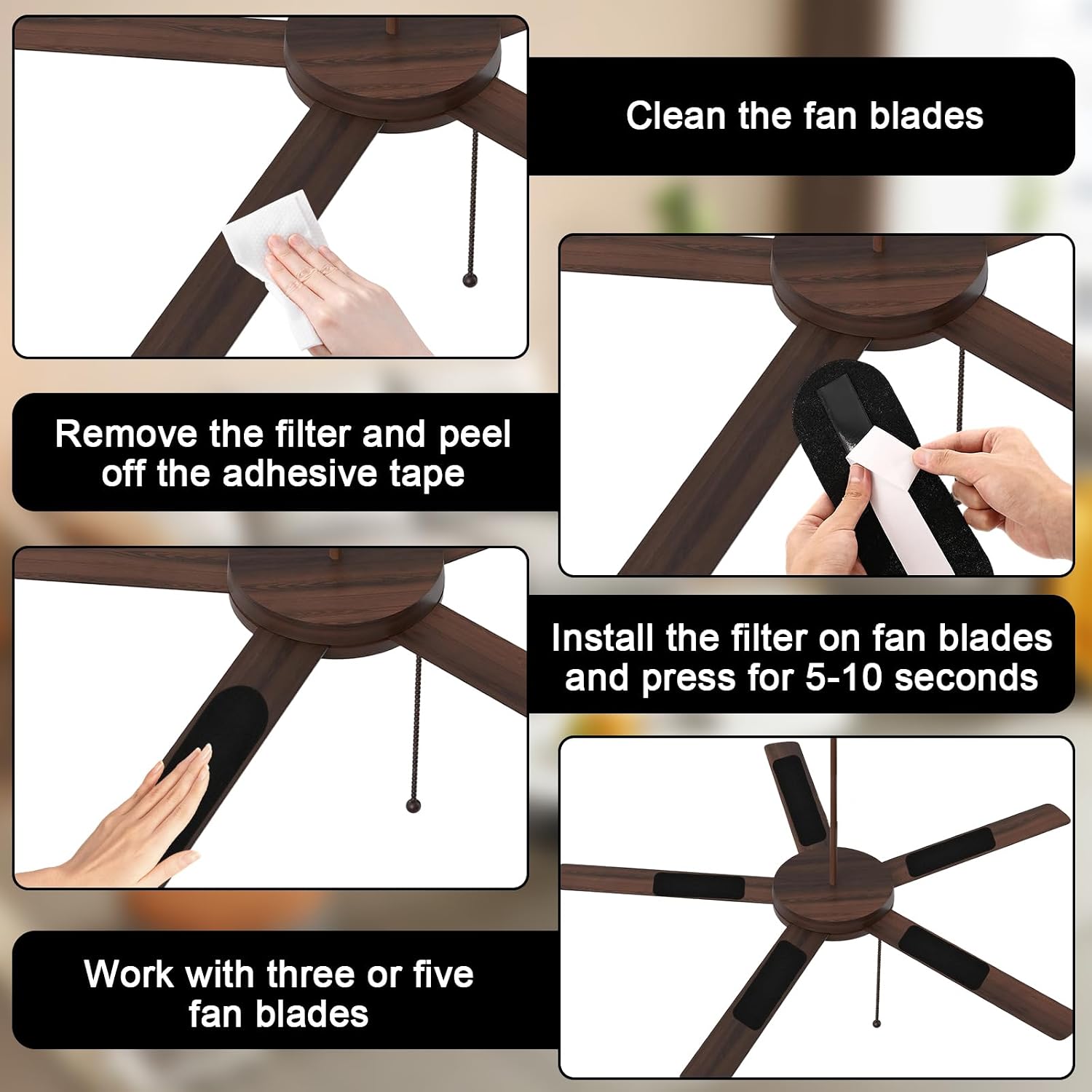 20 PCS Ceiling Fan Filters for Blades, Activated Coconut Carbon Fan Blade Air Purifier Pads, Easy-Stick Universal Air Filter for Home Office Common Household Contaminants