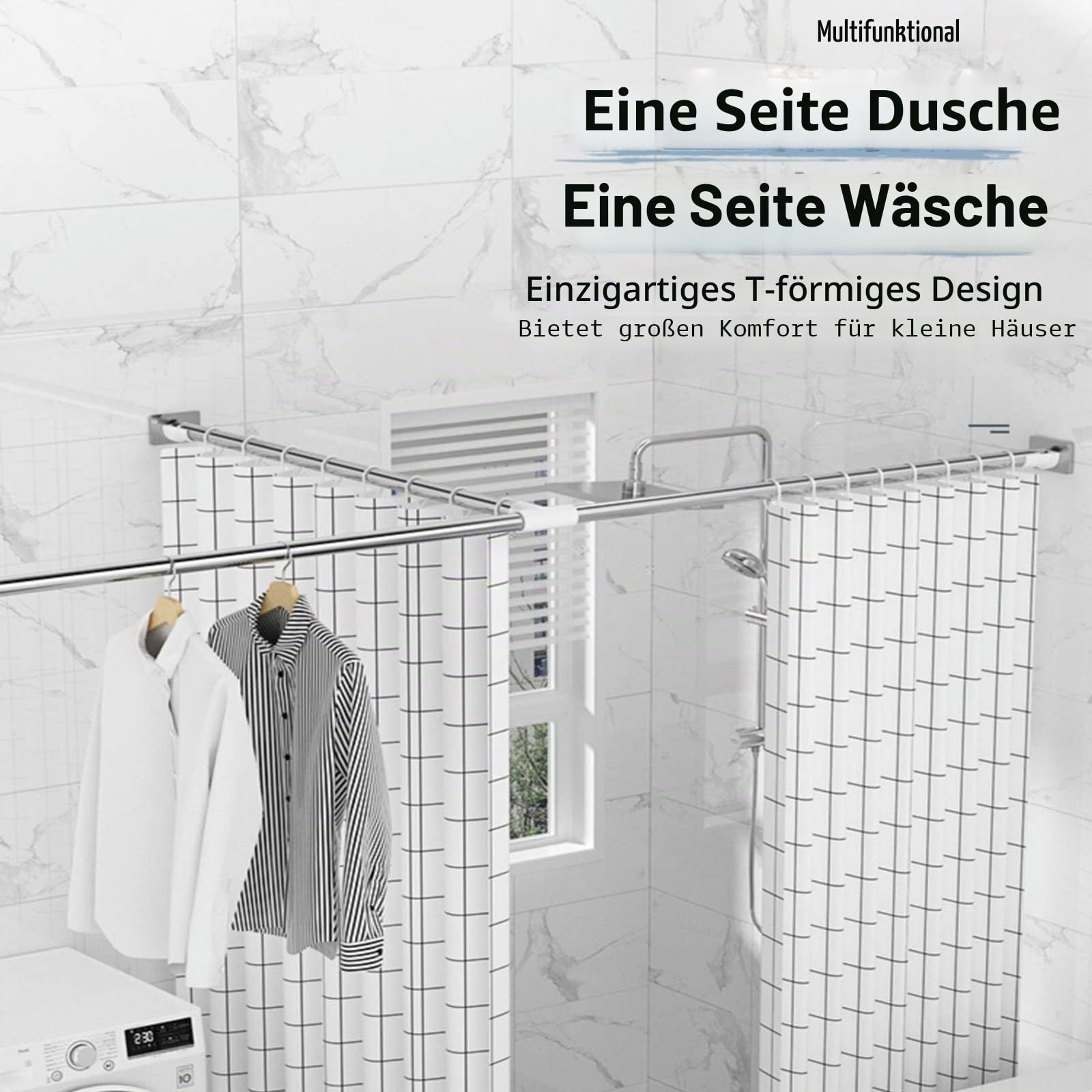 Duschvorhangstange T Form Ohne Bohren, Gerade Verstellbare Badezimmer Badewanne Ecke Duschstange Edelstahl, Für Badezimmer Badewanne Umkleidekabine(Size:B 140-220+70-110cm)