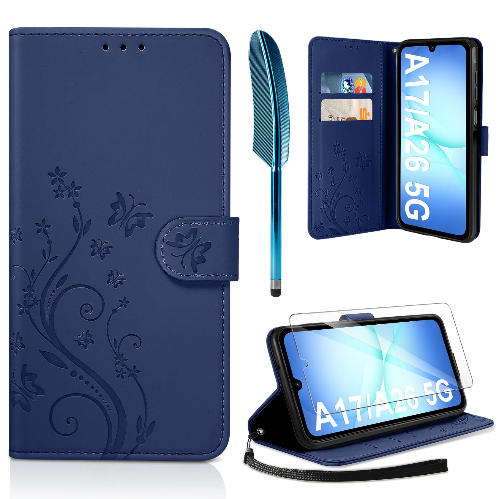 AROYI Lederhülle Kompatibel mit Samsung Galaxy A37 5G Hülle und Schutzfolie, Flip Wallet Handyhülle PU Leder Case Kartensteckplätzen Schutzhülle Kompatibel mit Samsung Galaxy A37 5G Dunkel Blau