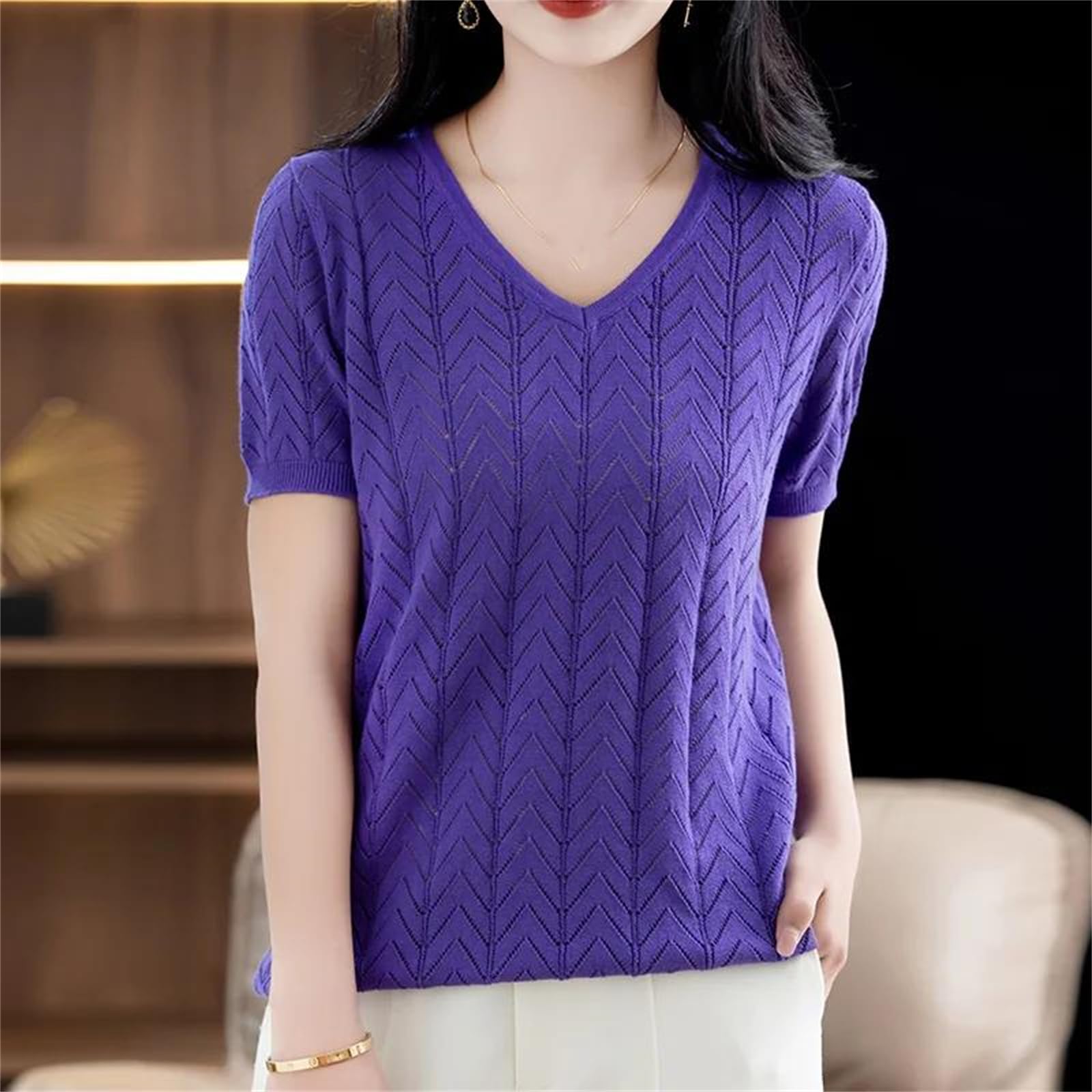 T-shirt uni à col en V et manches courtes pour femme - En coton - Coupe ample - Tendance - Pour l'été