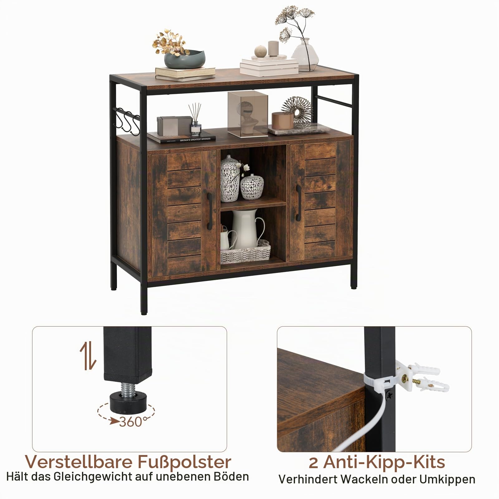 KOMFOTTEU Küchenbuffet Industriestil, Küchenschrank aus Holz & Metall, Aufbewahrungsschrank mit 2 Türen, offene Fäche & verstellbare Regale, Sideboard für Küche Flur Esszimmer