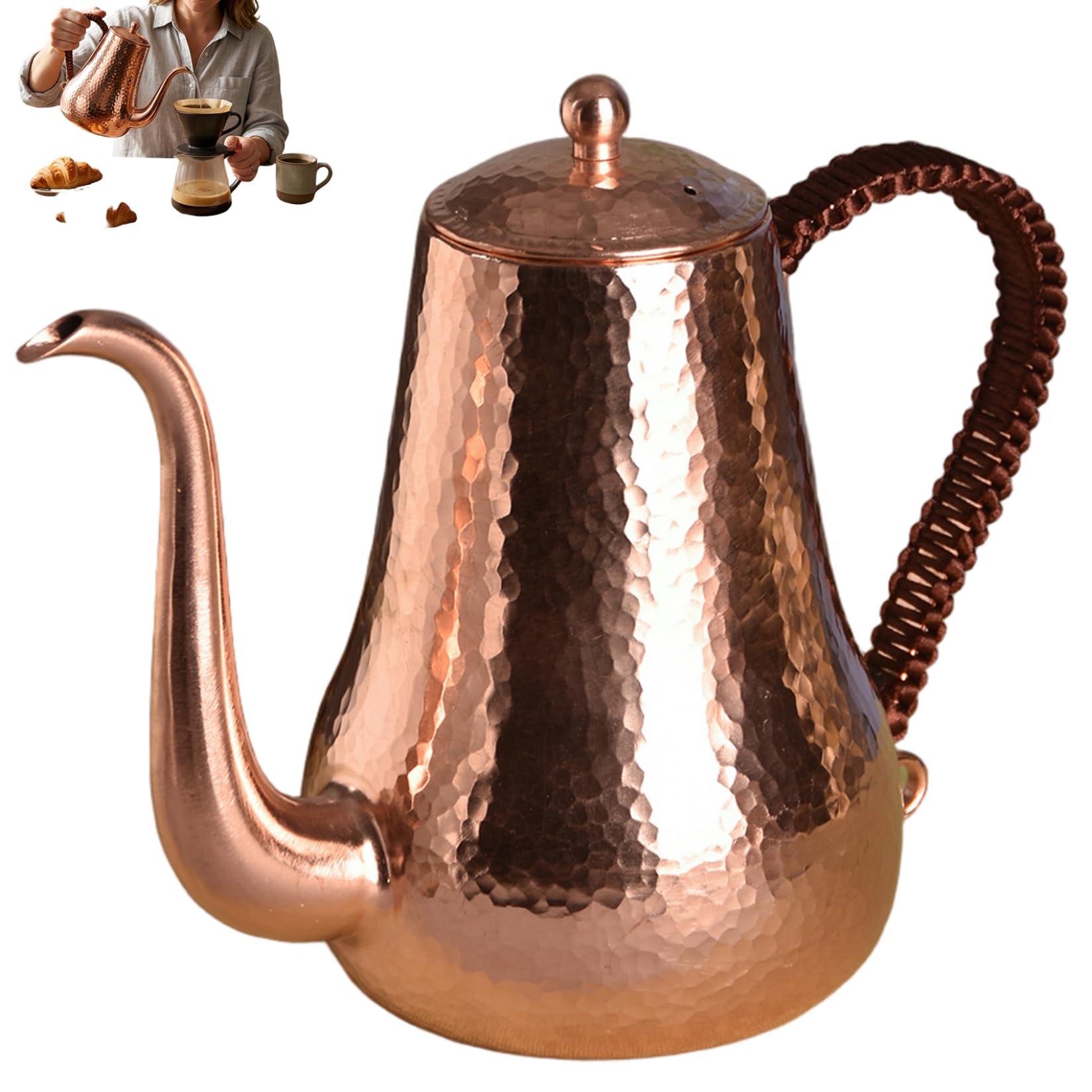 Bouilloire en cuivre pur 1L pour café et thé au design classique martelé