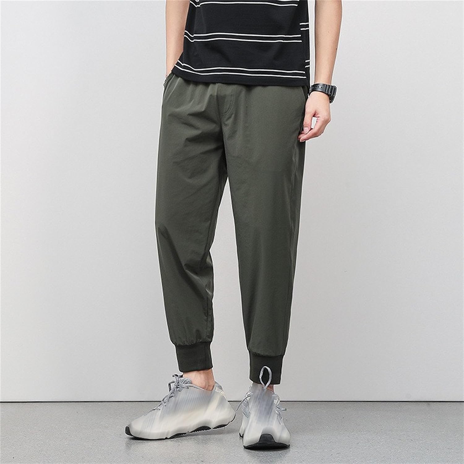 DGHM-JLMY Men's Summer Thin Ice Silk Sweatpants Fashion Breathable Tapered Pants Lightweight Stretchy Jogging Ankle Pants