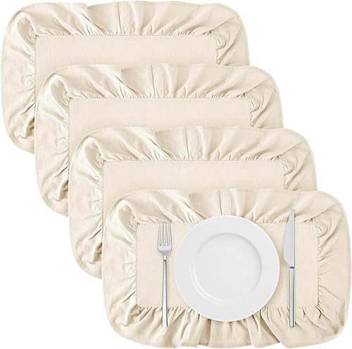 Frienda Juego de 4 manteles individuales rectangulares con volantes, manteles individuales festoneados blancos de 13.8 x 17.7 pulgadas, lavables a