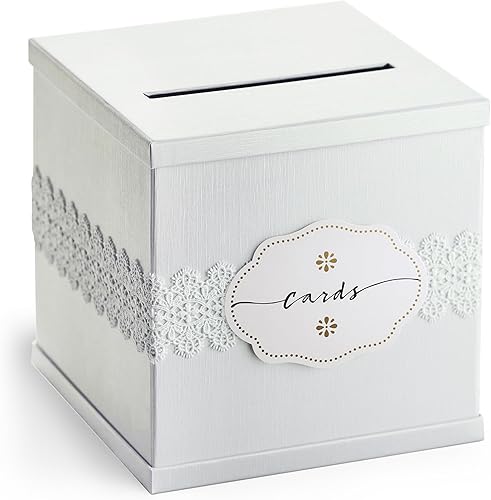 Hayley Cherie Tarjetero blanco con encaje blanco de tamaño grande de 10 x 10 pulgadas con ranura para sobre para bodas, baby showers, despedidas de