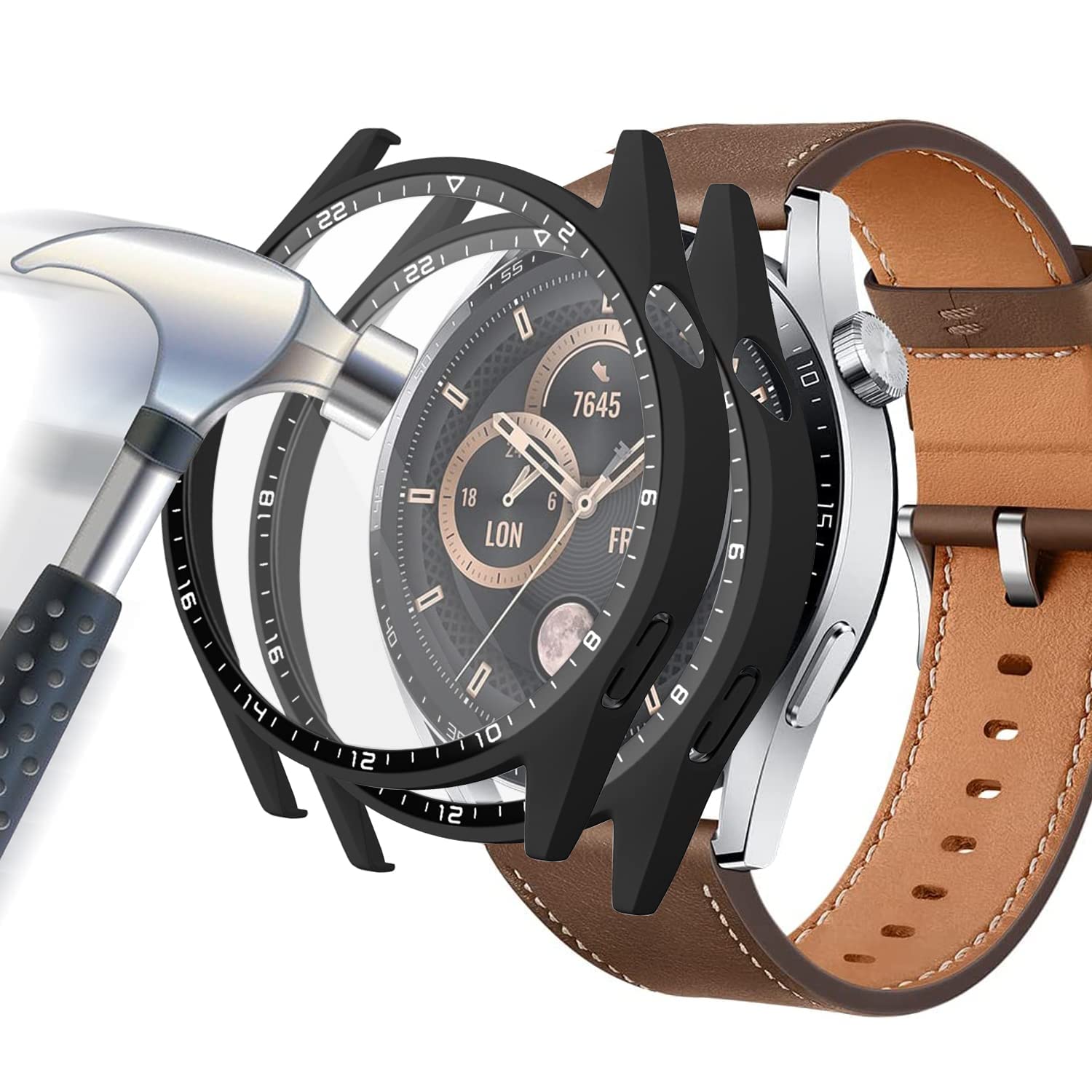 SYOSI 2 Pack Cover Case with Tempered Glass Screen Protector Compatible for Huawei Watch GT3 46mm, 9H Hardness 360° All-Round Protective Ultra Thin Protective PC Case Cover Black