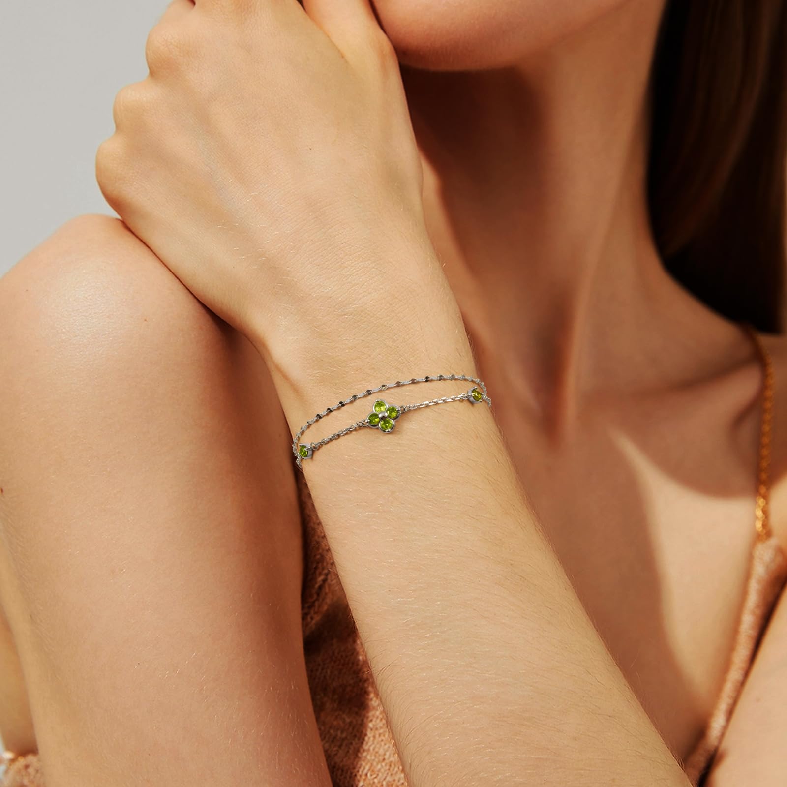 Trebol 4 Hojas Pulsera Plata Mujer 925 con Peridoto Piedra Natal de Agosto 19Cm Ajustable Shimmering Luck Joyas Mujer Amistad Regalo