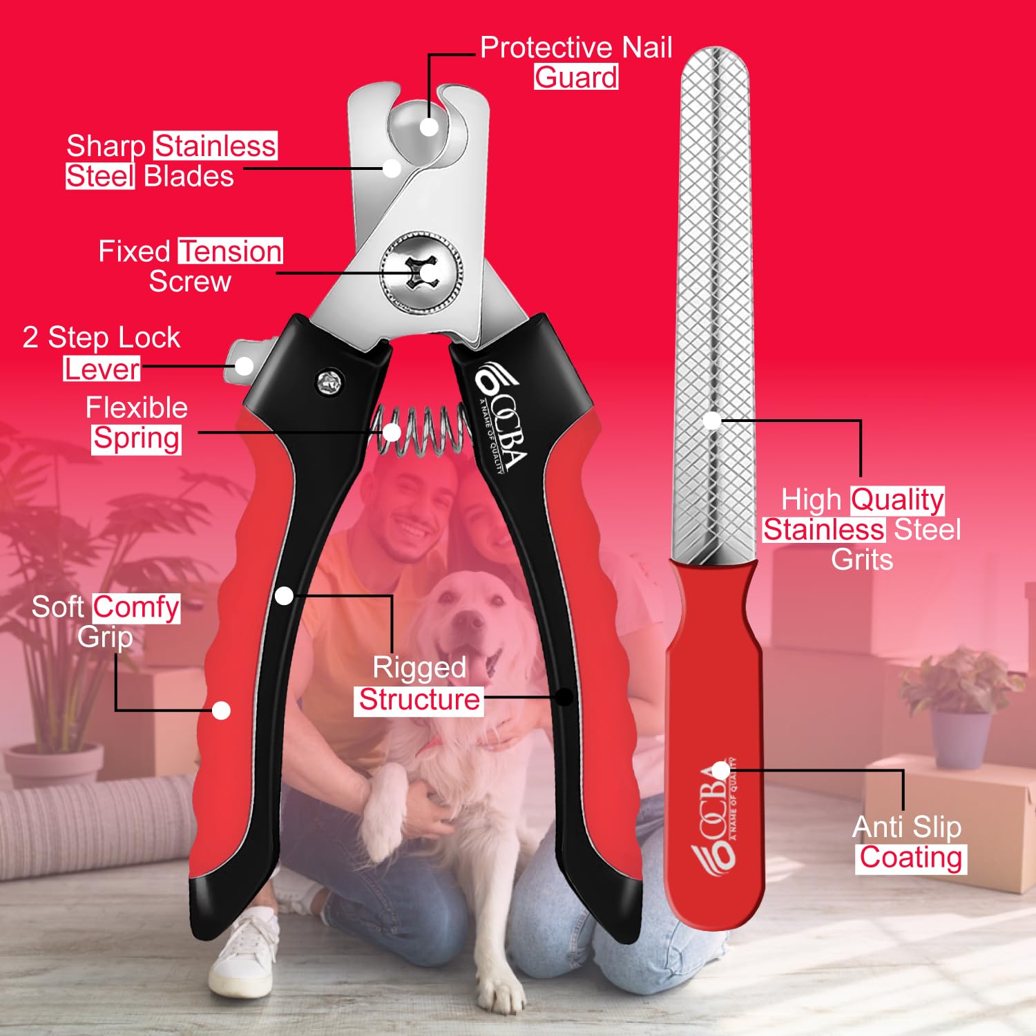 OCBA Dog Nails Clippers with Safety lock & Nail File Professional Dog clippers suitable for all sized Breeds Protection Guard to Prevent Over Cutting suitable for Cats Rabbits (Red Black - Image 4