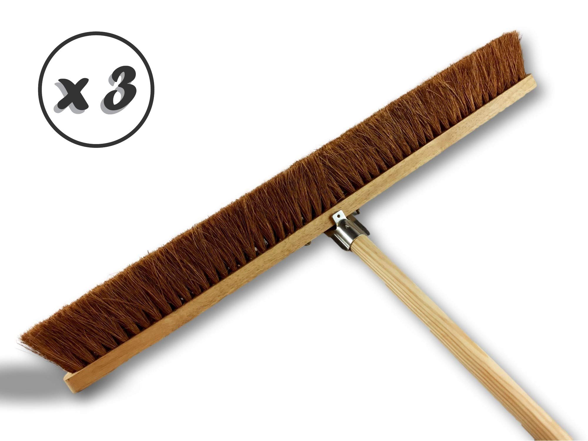 Miotła warsztatowa typu kantonier | Zestaw 3 sztuk | tor zewnętrzny | długość 80 cm | wypełnienie z włókna kokosowego | Podeszwa drewniana | Nasadka metalowa śrubowa Ø 28 mm | z uchwytem | Kibros 2080Mx3