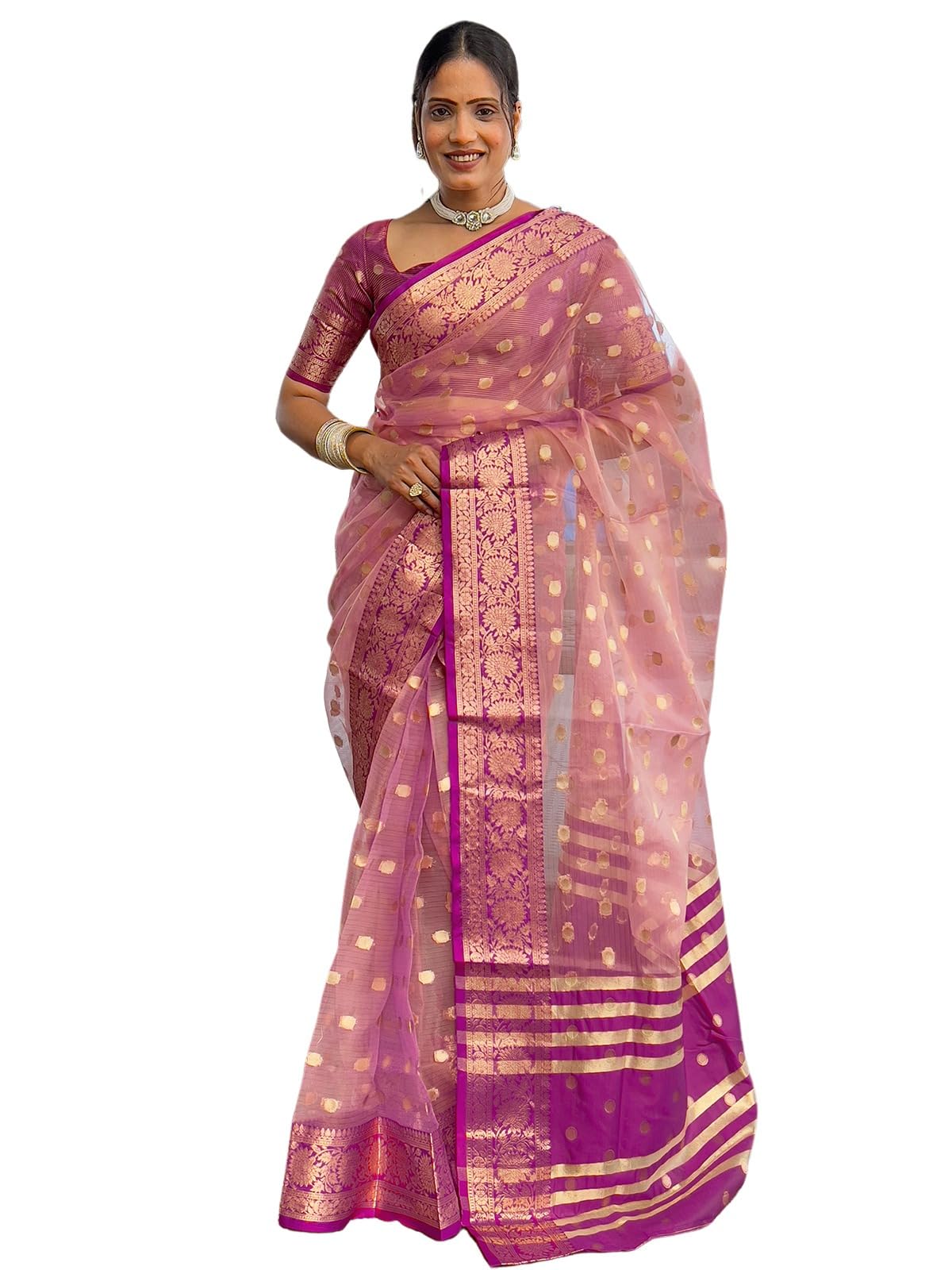 Satrani Women's Organza, Silk Blend Weaving Banarasi Saree With Unstitched Blouse Piece (4168S193N_Pink)