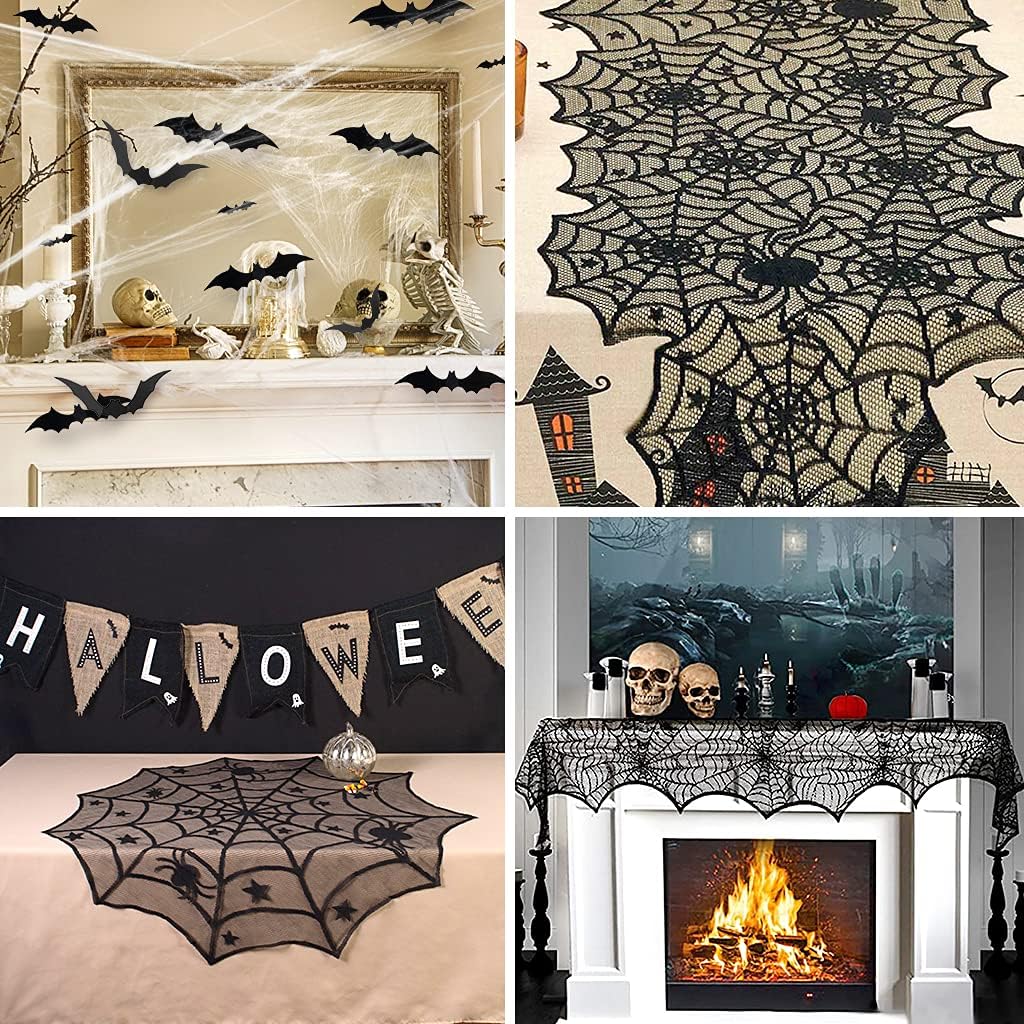OWUDE 5 Pack Halloween Decorations Sets - Fireplace Mantel Scarf & Lace Tablecloth Runner & Round Table Cover & 60g Stretchy Spider Web & 72pcs Scary 3D Bat for Halloween Party