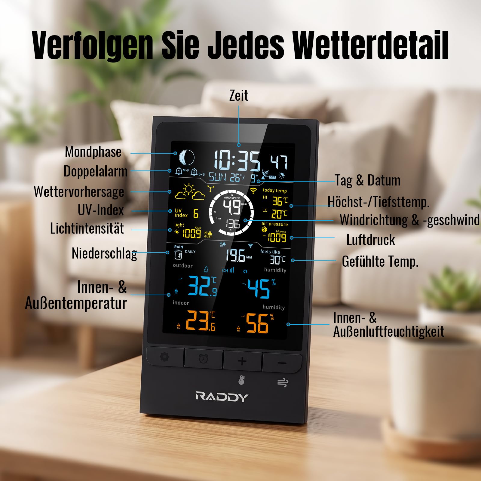 Raddy UV7 Profi 12-in-1 Funk-Wetterstation Innen Außen mit Außensensor