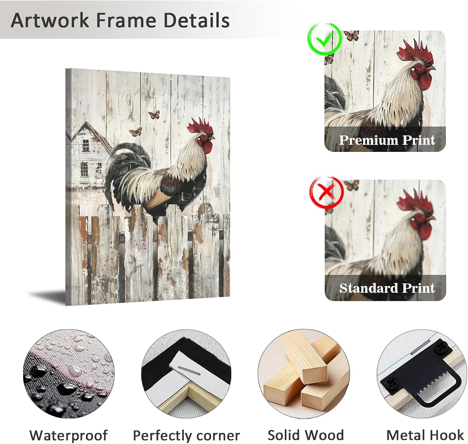 Rooster Wall Art Rustic Chicken Farmhouse Canvas Prints Country Kitchen Decor Framed for Bathroom Living Room Bedroom Wall Decorations(Ani-01,12"x18")
