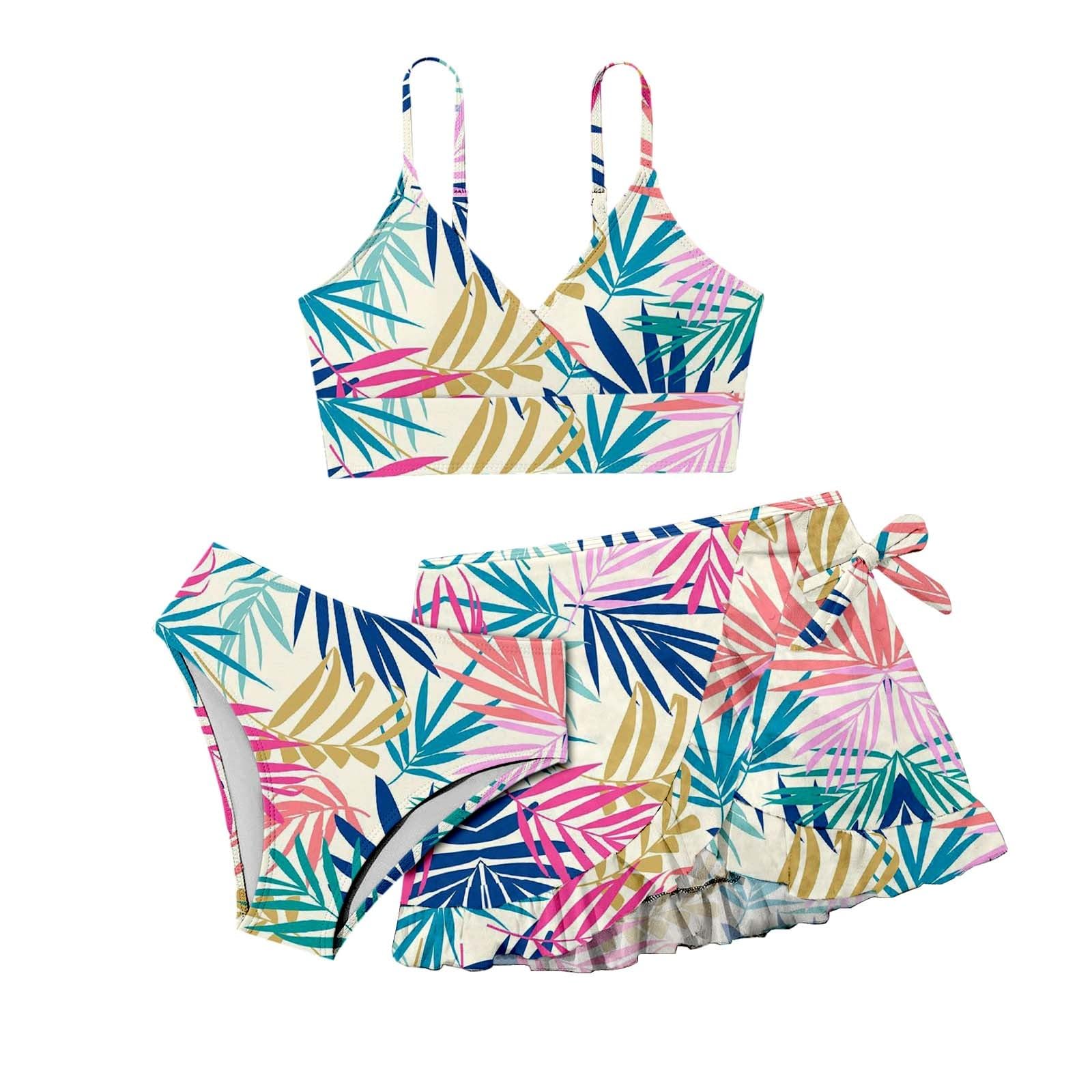 Cokbyavla Girl's Bathing Suit with Tropical Print Beach Shorts,3 Piece Bikini Set Girls Swim Skirt Tween Suits 12-14 Preppy Tankini Sets for Little Bi(20Multicolour,13-14 Years)