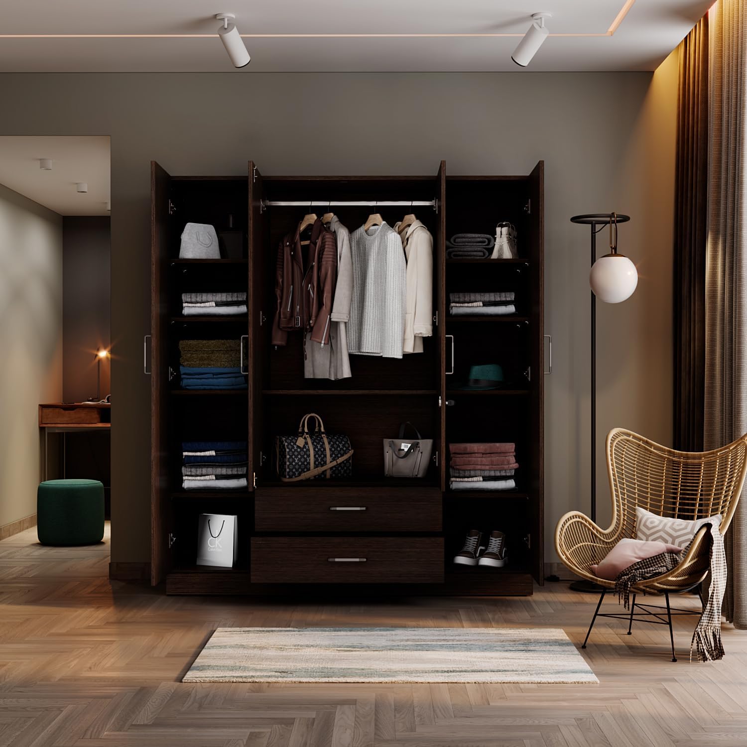 Wakefit Wardrobe | 1 Year Warranty | Engineered Wood Almirah, Cupboard for Clothes Storage | 4 Door, Mirror, 1 Drawer, 1 Hanging Space | Organza Plus - Wenge