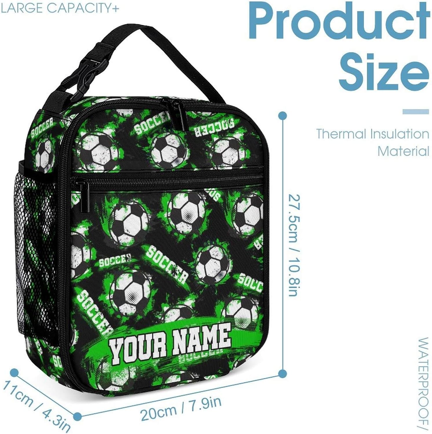 Custom Soccer Backpack with Lunch Box & Pencil Case for Kids Girls Boys School, 16 Inch Cool Sports Bookbag for Students Children, Lightweight, Large Capacity