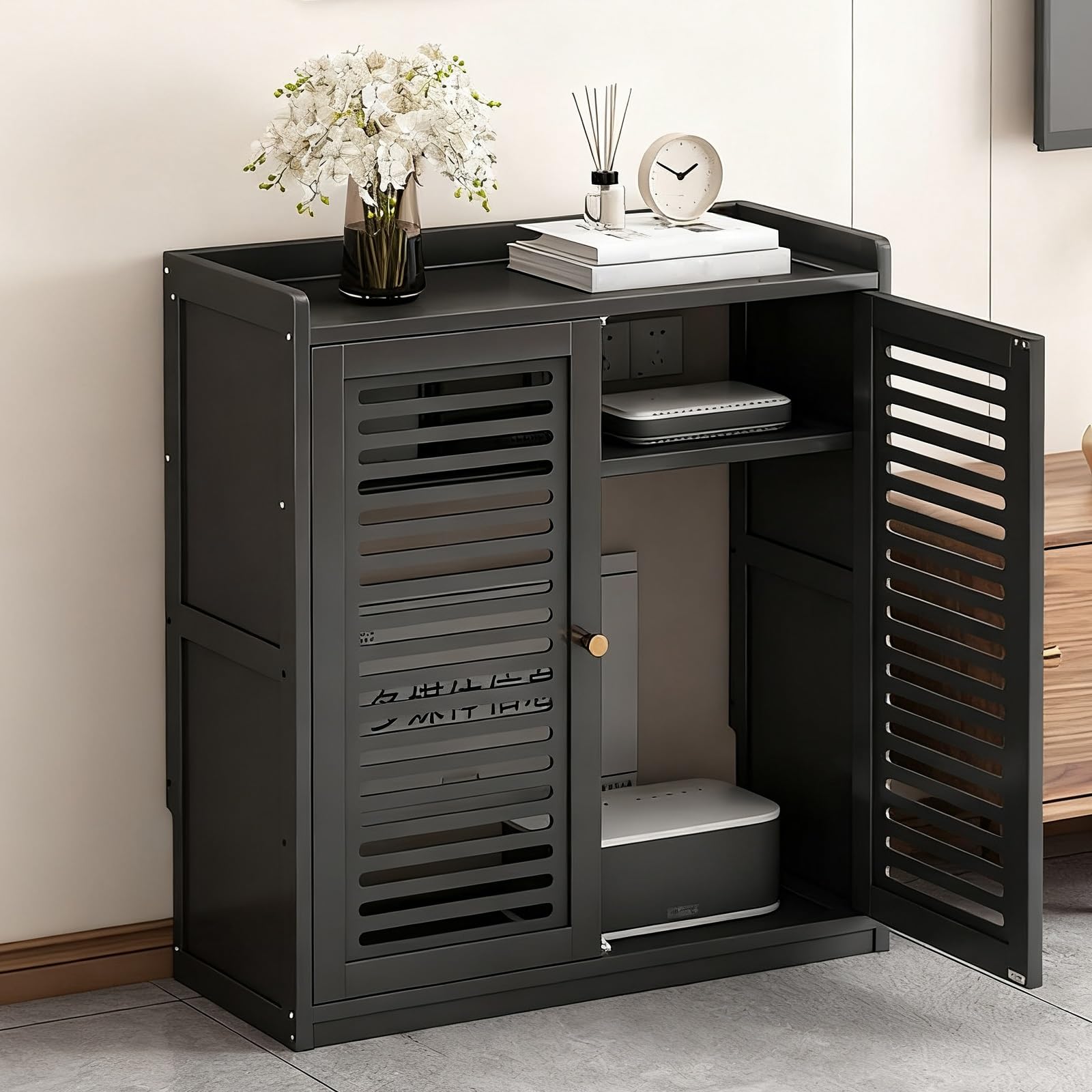 Armadio di archiviazione router WiFi, scatola nascosta e presa elettrica per la gestione dei cavi, armadio indipendente per casa/ufficio, nero, 59 x 25 x 67 cm