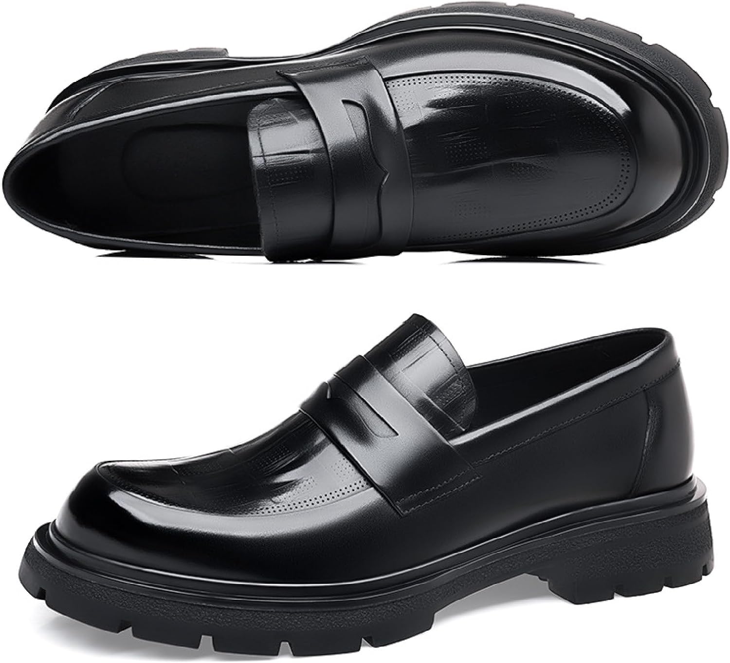 Men's Luxury Genuine Leather Platform Chunky Slip-on Penny Loafers Fashion Round Toe Lug Sole Patent Business Dress Shoes Classic Non-Slip Party Wedding Prom Work Shoes - Image 5