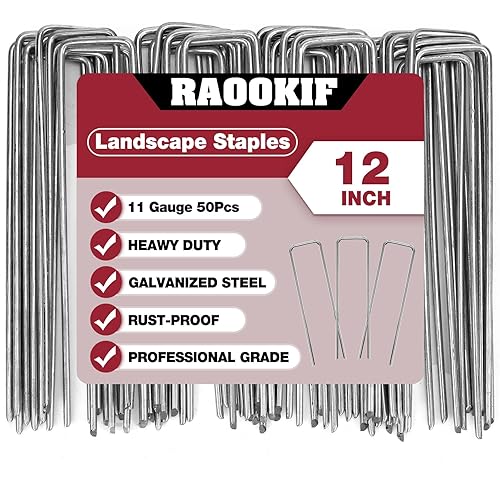 RAOOKIF 12 Inch Galvanized Garden Landscape Staples, 20/50/100/200Pcs Garden Metal Stakes, 11 Gauge Heavy Duty Ground Stakes for Decoration, Fence and Lawn Use, Fabric Pins (50, 12 Inch)