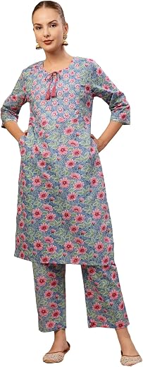 ZELENA Floral Zip Feeding Cotton Kurta Pant Set | 100% Cotton Maternity &amp; Nursing Kurti with Pants, Concealed Zip Access &amp;...