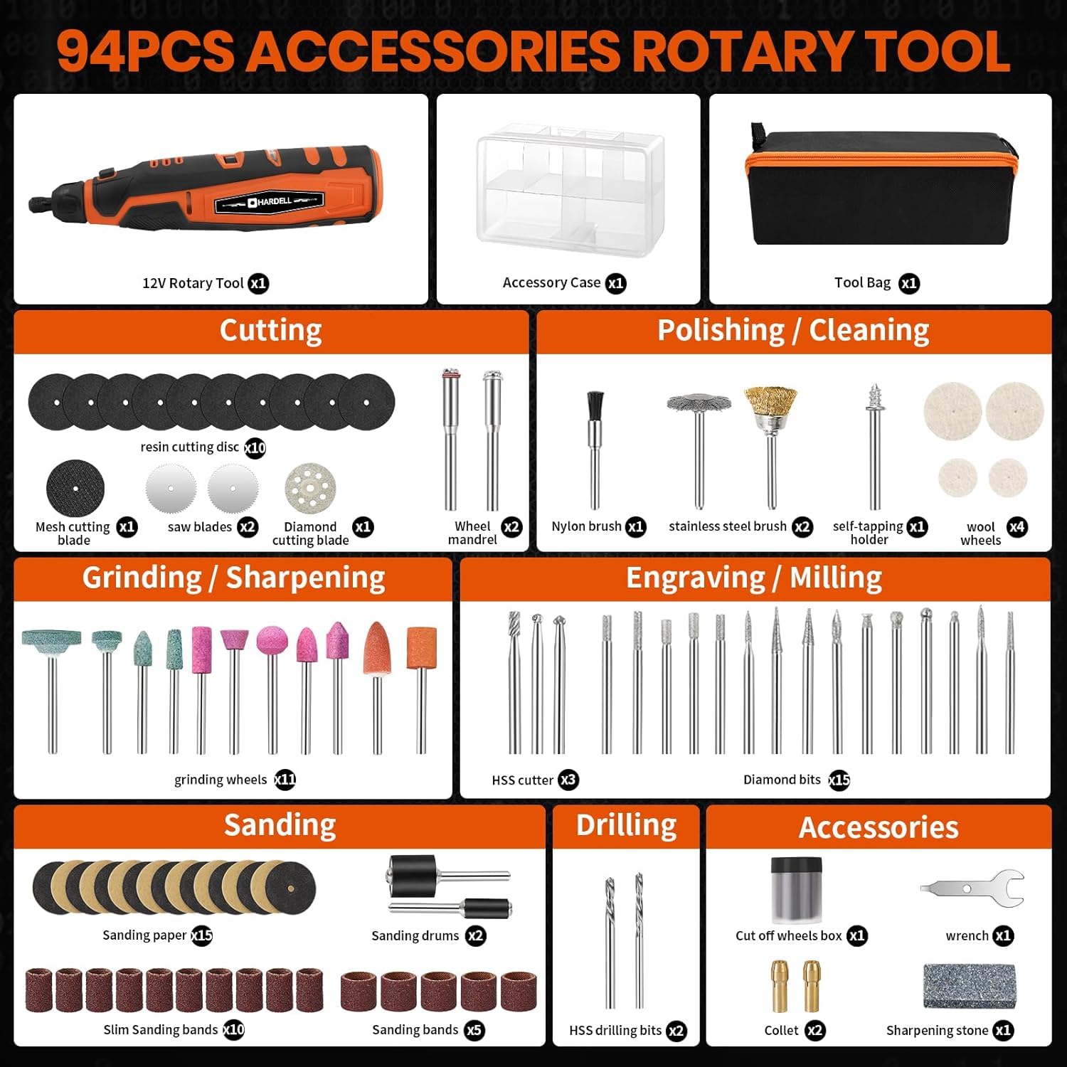 HARDELL Utensili Rotanti Multifunzione, 12V Mini Trapano a Batteria con 6 Velocità Regolabil e 94 Accessori per Taglio, Incisione, Foratura, Lucidatura, Smerigliatura, Levigatura, Fai da te