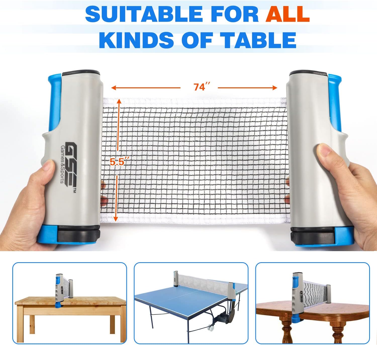 GSE Adjustable Retractable Ping Pong Net Set & Post. Professional Table Tennis Rackets and Balls, Net with Posts and Storage Bag - Pingpong Paddle and Game Table Accessories.