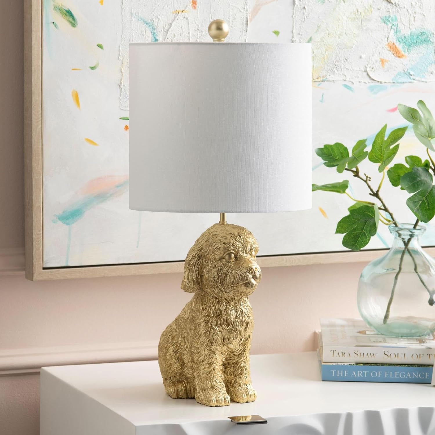 Crestview Collection 24" Golden Doodle Dog Resin Table Lamp, Desk Lamp w/White Linen Shade,Cute Bedside Lamp for Bedroom,Nightstand Lamps for Living Room,Unique Aesthetic Home Room Decor