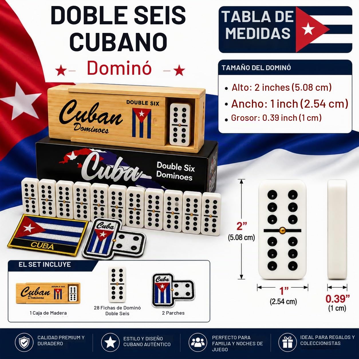 Dominó Doble Seis Estilo Cubano - 28 Azulejos Blancos Clásicos con Pips