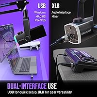 Vista 3 de Kit de micrófono de juego FIFINE, micrófono dinámico XLR/USB para PC con brazo articulado para grabación de podcast, juego de micrófono RGB