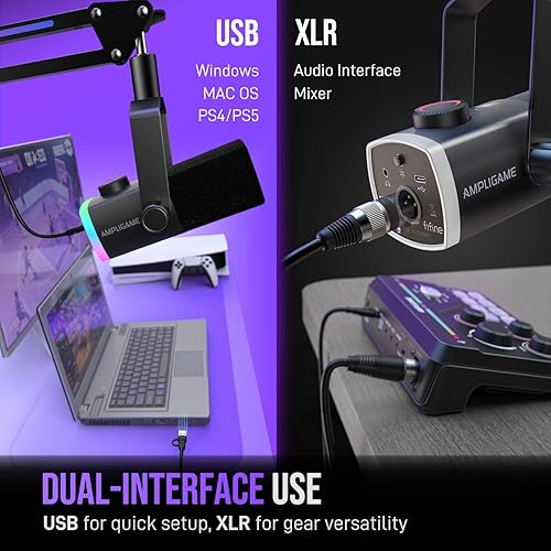 Miniatura 3 de Kit de micrófono de juego FIFINE, micrófono dinámico XLR/USB para PC con brazo articulado para grabación de podcast, juego de micrófono RGB