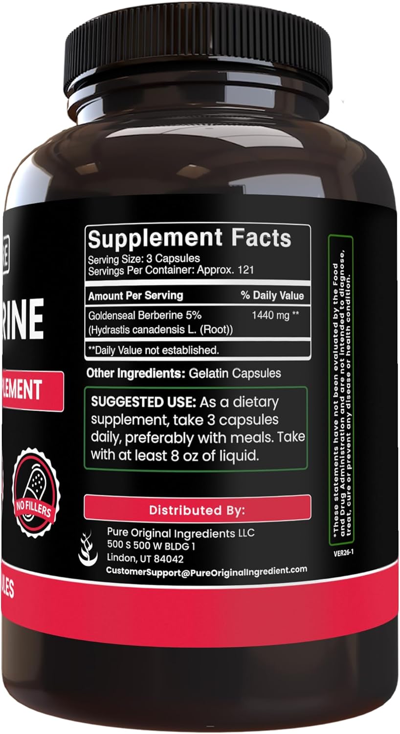 PURE ORIGINAL INGREDIENTS Berberine (365 Capsules) No Magnesium Or Rice Fillers, Always Pure, Lab Verified