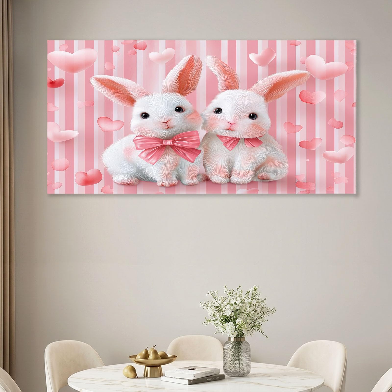 Obrazy na płótnie, z kreskówki, obrazy ścienne do salonu, 100 x 70 cm, druk artystyczny, obrazy na płótnie, różowe zwierzęta, zając serce, paski, dekoracja ścienna do korytarza, sypialni, jadalni i
