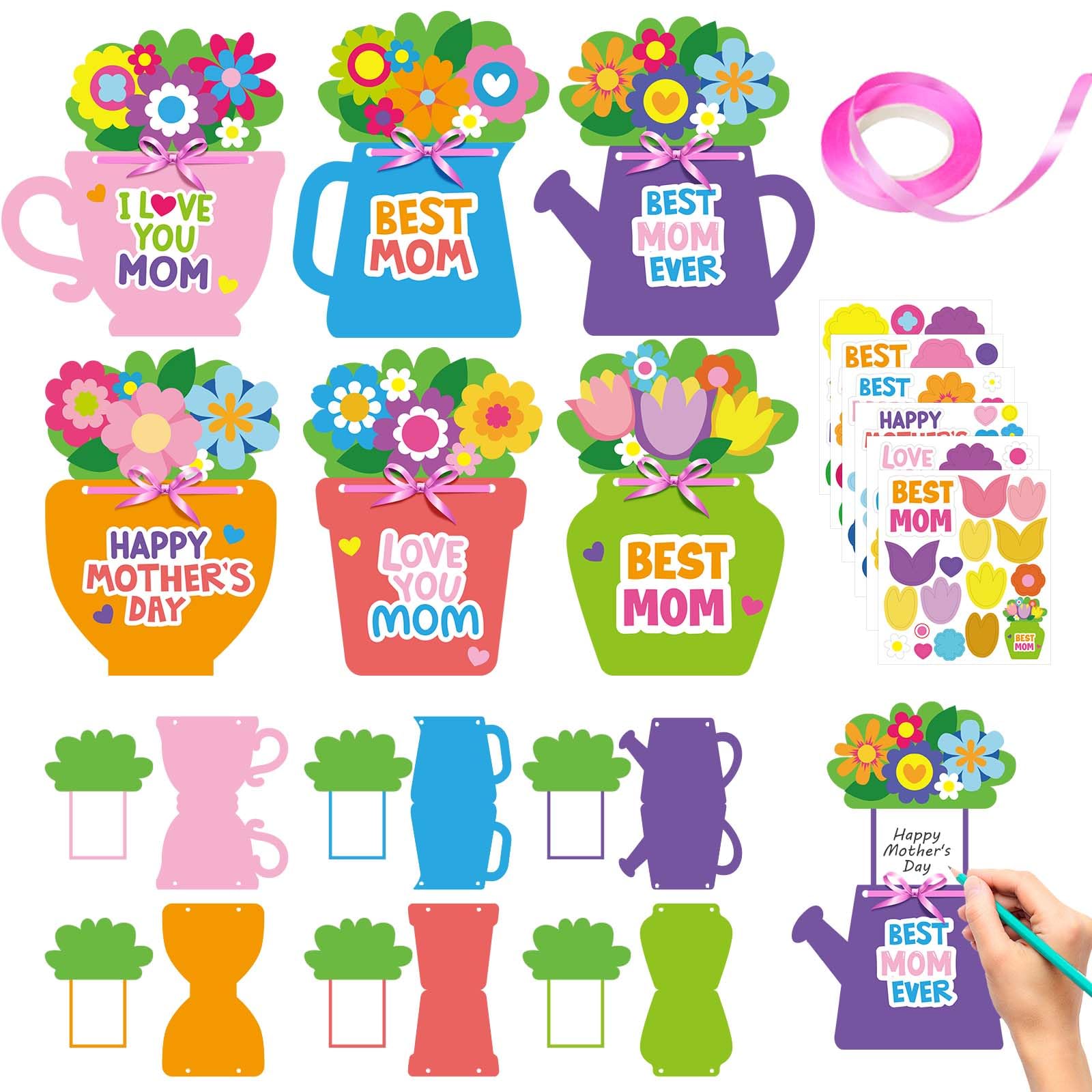 24 Set Mother's Day Craft Kits DIY Flower Pot Handmade Greeting Card Kits with Ribbon Flowers Stickers Happy Mothers Day Make Your Own Crafts Gifts