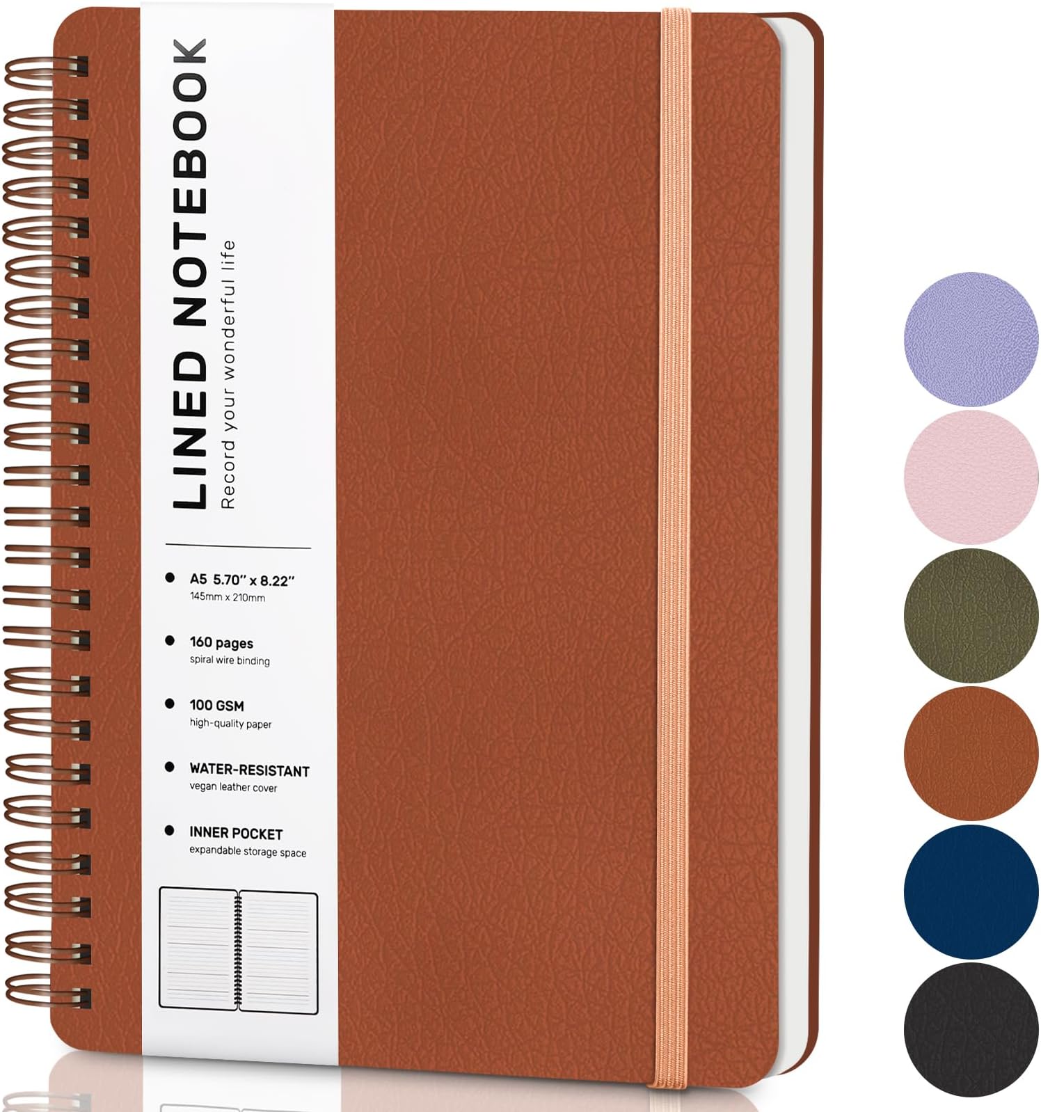 ABERLLS Brown Lined Spiral Journal Notebook with 160 Pages, 8×5.7in, A5 Spiral Notebook, Journaling Notebooks for Work, School, Women, Men, College Ruled Spiral Notebook, Hardcover Leather Journals