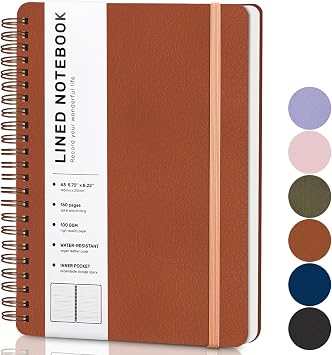 Lined Spiral Journal Notebook, A5 Hardcover Leather Notebook for Work, 5.78.2, 100GSM Thick Paper Spiral Bound Journaling Notebooks for Women & Men Office School Note Taking Business, Brown